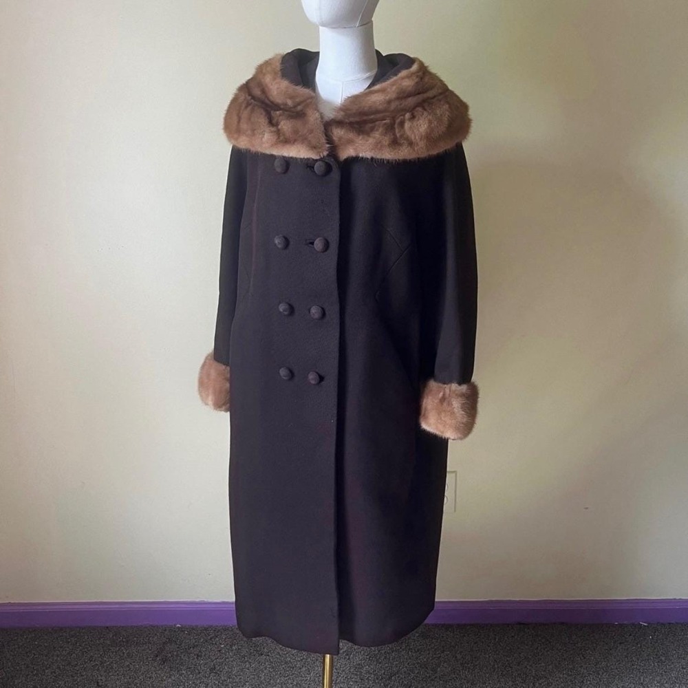 Vintage‎ 1960s Richard H. Martin Brown Wool Coat Mink Fur Collar & Cuffs L/XL